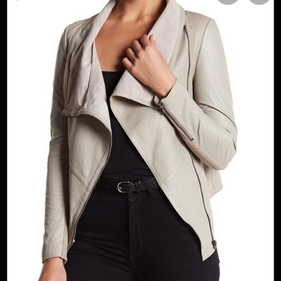 Muubaa Jackets & Blazers - MUUBAA Sabina Taupe Beige Drizzle Drape Cardi Leather Jacket